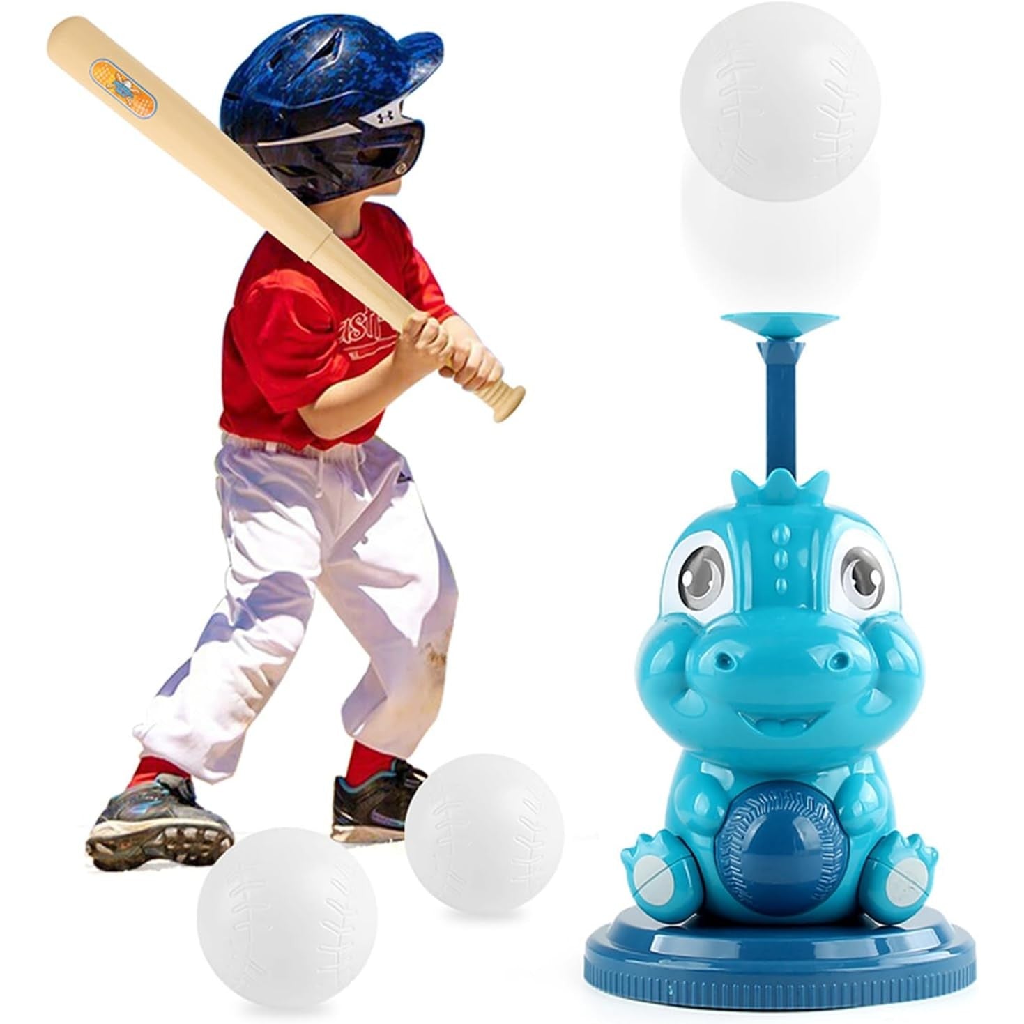 Set de Baseball 5 Piese pentru Copii, Flippy, Jucarie Dinosaur Press, 14x23 cm, Verde/Albastru