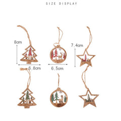 Set 6 Decoratiuni de Craciun din Lemn, Flippy, cu Snur pentru Agatare in Brad, Model Brad, Glob si Steluta, Rosu