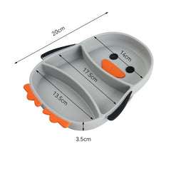 Set diversificare bebelusi Flippy, din silicon, 23.5 x 12.5 cm, 1 farfurie compartimentata in forma de pinguin, lingurita si furculita, pai, perie pai, fara alergeni, ventuza fixare,  forma creativa,  gri