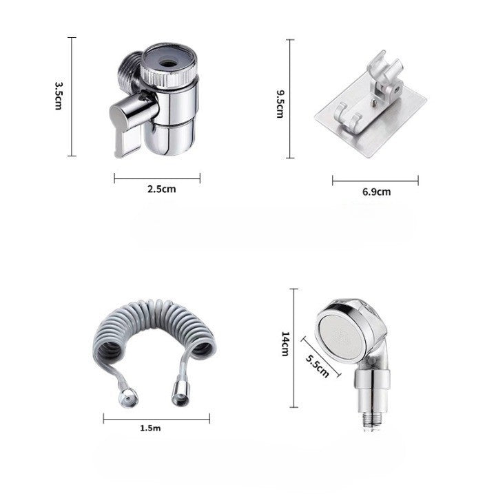 Set Extensie de Dus, Flippy, pentru Baterie Baie sau Bucatarie, 4 Piese, Filtru de Ioni Negativi, Furtun Flexibil de 1.5 Metri, Argintiu