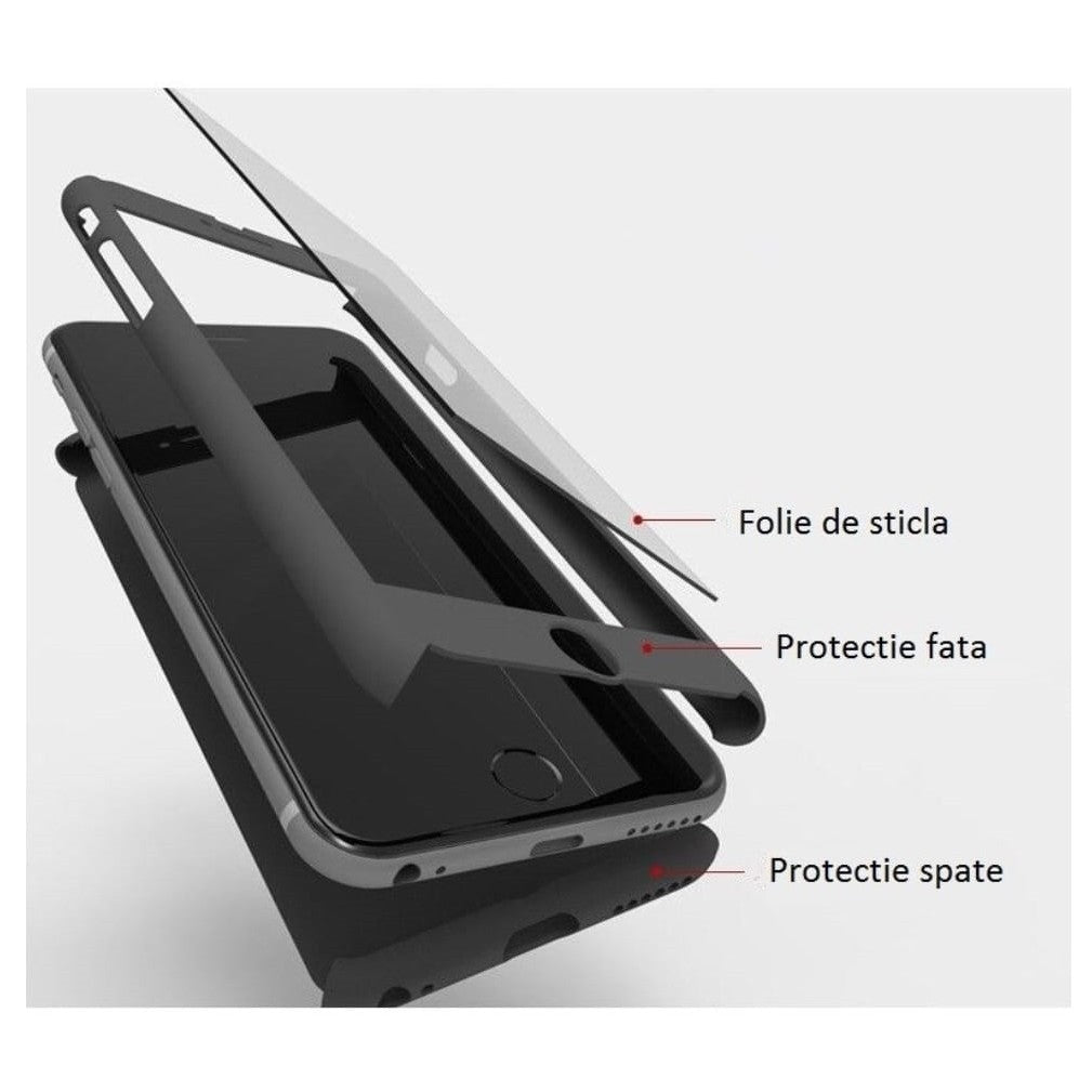 Set Husa si Folie de Protectie, Flippy, Compatibila cu Apple iPhone X, Full Cover 360°, Plastic + Sticla, Negru