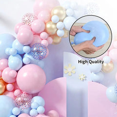 Baloane decorative pentru GENDER PARTY, Flippy, Arcada Set 130  baloane, Arcul de Baloane Roz si Albastru, Baloane Confetti Aurii, Multicolor