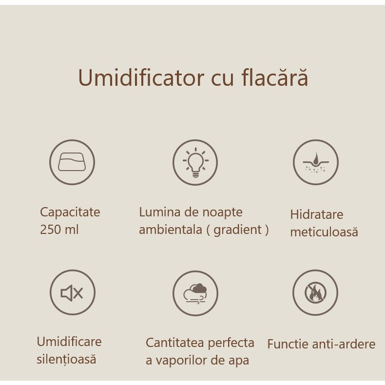 Umidificator de tip flacara, Flippy, cu aromaterapie, 7 culori, 250 ml, alb