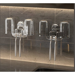 Suport Multifunctional Dublu, Pahar si Suport pentru Periuta de Dinti, Flippy, Plastic, 11 cm x 11.5 cm, Gri