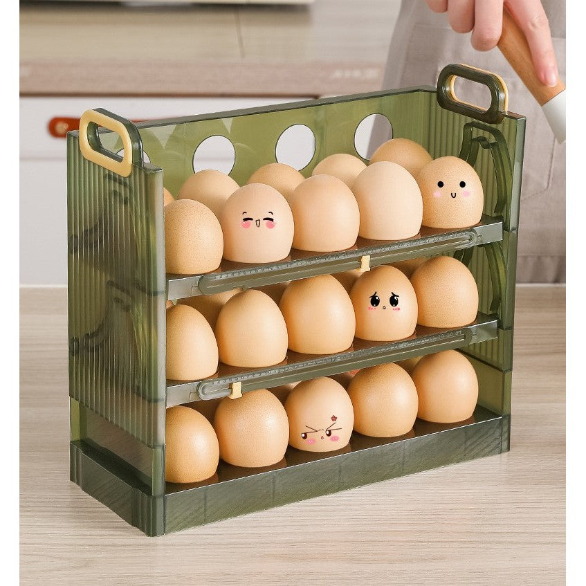 Suport Organizator pentru Oua, Flippy, pentru Frigider, Verde transparent, Capacitate 30 oua, Trei straturi, cu Data de Expirare, 25.5x10x23 cm