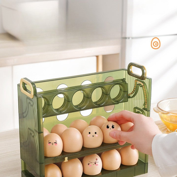 Suport Organizator pentru Oua, Flippy, pentru Frigider, Verde transparent, Capacitate 30 oua, Trei straturi, cu Data de Expirare, 25.5x10x23 cm