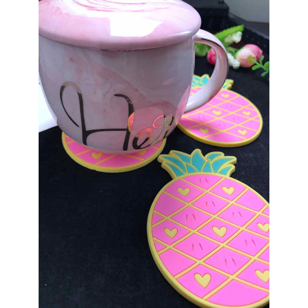 Suport pentru Pahar, Flippy, Model Ananas, din PVC, 12 x 9 cm, Rezistent la Caldura, Roz