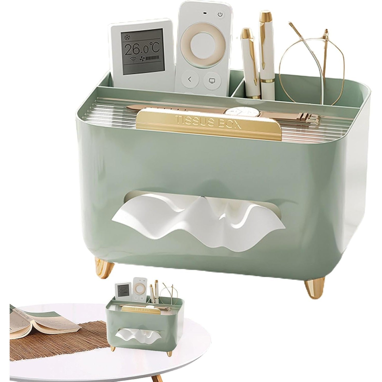 Suport pentru Servetele, Flippy, Cutie Multifunctionala, Design Minimalist, ABS, cu Suport pentru Obiectele Personale, pentru Birou, 21x15x13 cm, Verde