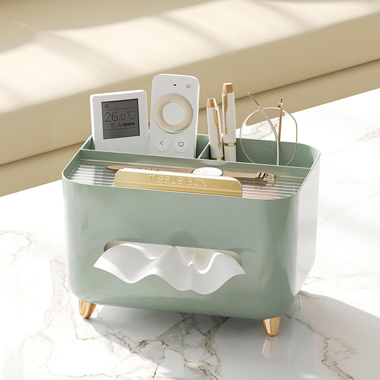 Suport pentru Servetele, Flippy, Cutie Multifunctionala, Design Minimalist, ABS, cu Suport pentru Obiectele Personale, pentru Birou, 21x15x13 cm, Verde