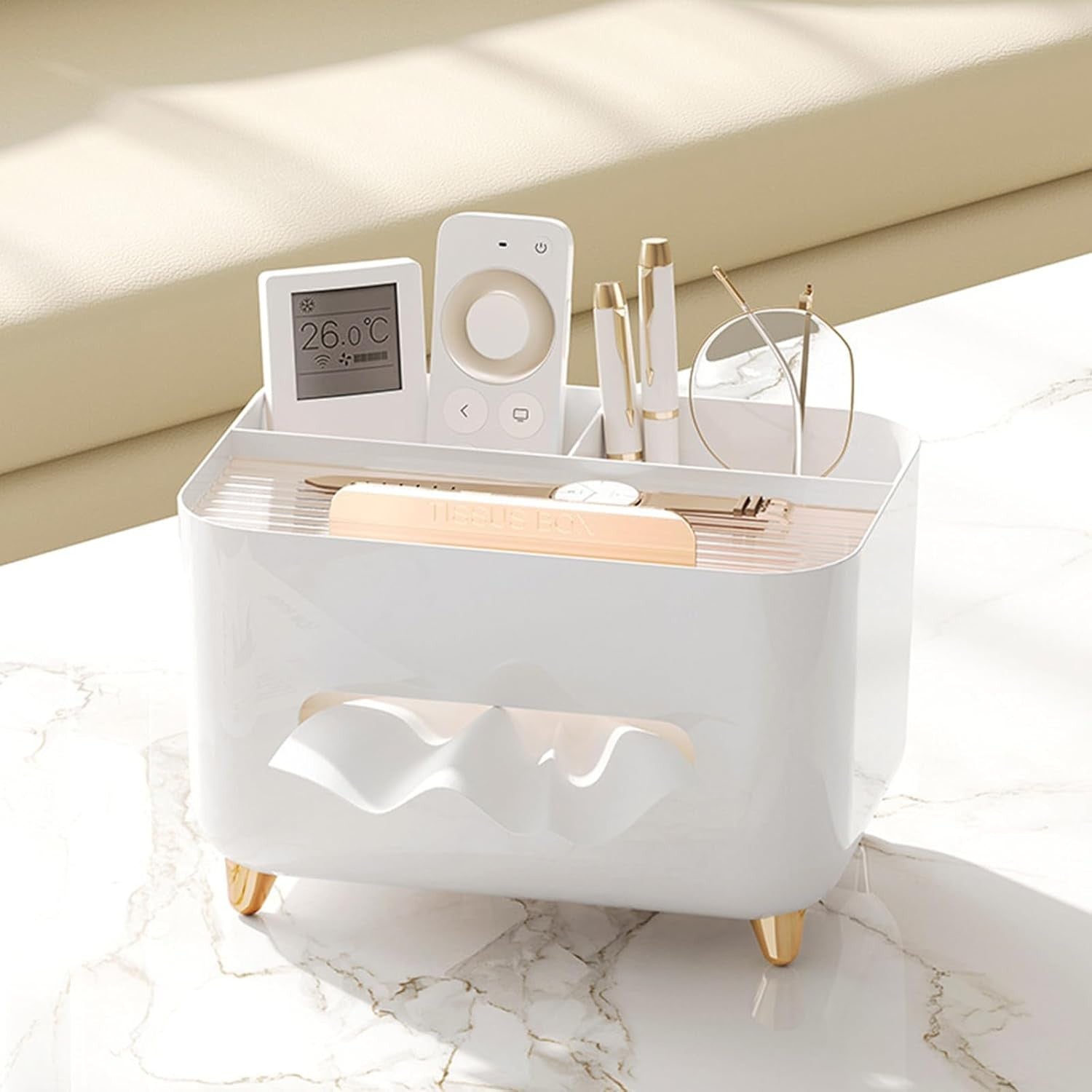 Suport pentru Servetele, Flippy, Cutie Multifunctionala, Design Minimalist, ABS, cu Suport pentru Obiectele Personale, pentru Birou, 21x15x13 cm, Alb