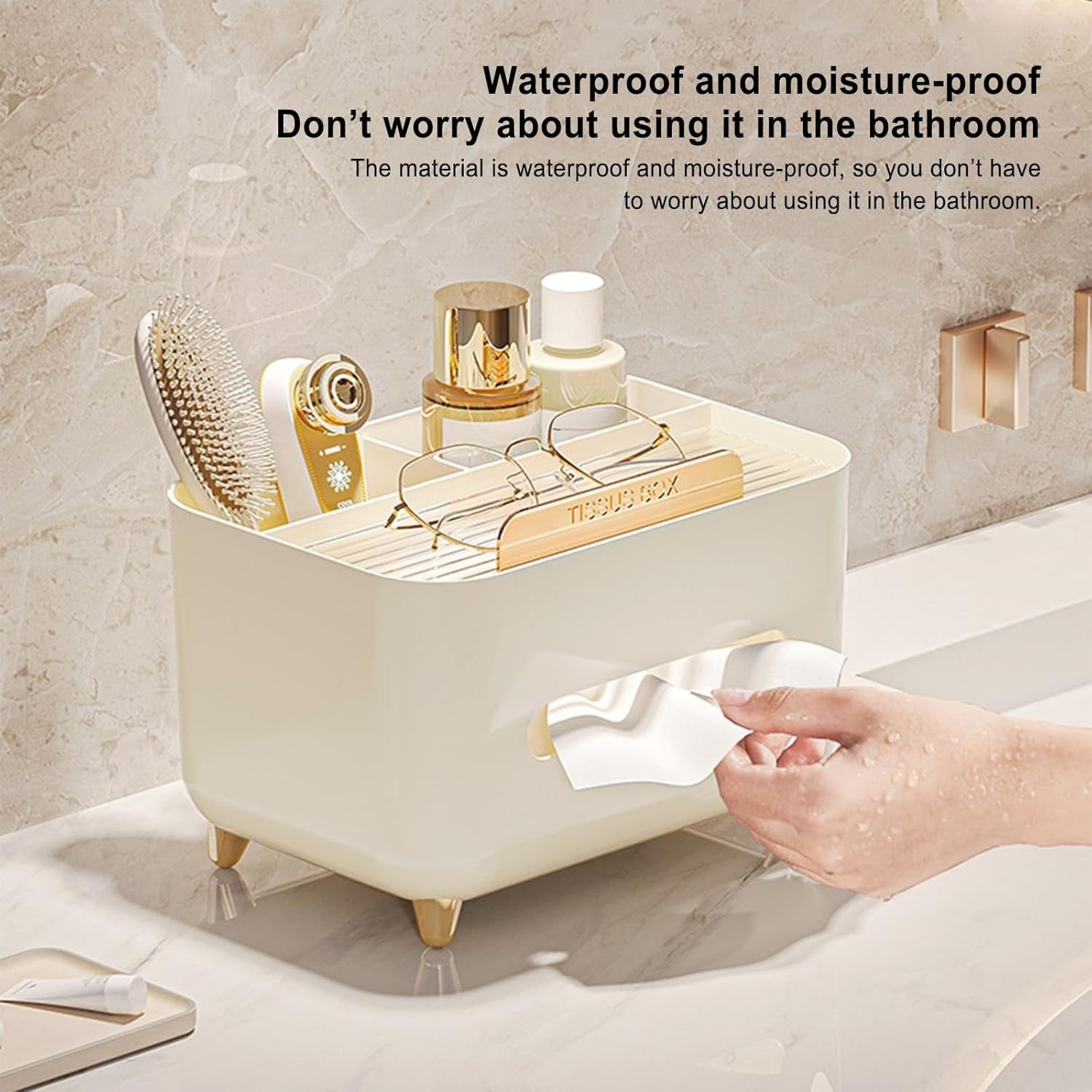Suport pentru Servetele, Flippy, Cutie Multifunctionala, Design Minimalist, ABS, cu Suport pentru Obiectele Personale, pentru Birou, 21x15x13 cm, Crem