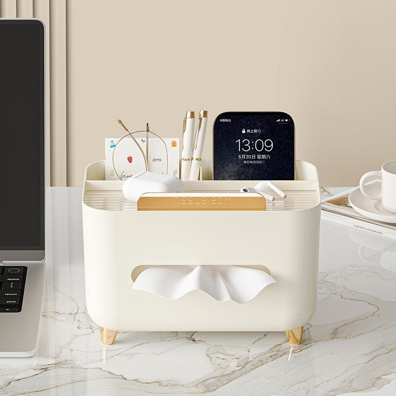 Suport pentru Servetele, Flippy, Cutie Multifunctionala, Design Minimalist, ABS, cu Suport pentru Obiectele Personale, pentru Birou, 21x15x13 cm, Crem