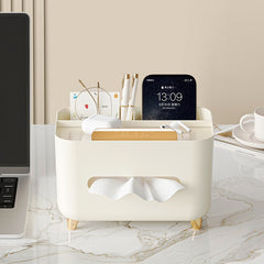 Suport pentru Servetele, Flippy, Cutie Multifunctionala, Design Minimalist, ABS, cu Suport pentru Obiectele Personale, pentru Birou, 21x15x13 cm, Crem