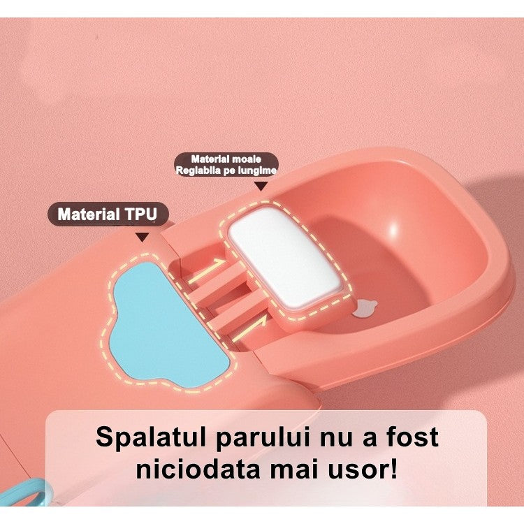 Suport Pliabil pentru Spalat Parul Flippy, Pentru Copii, cu Scurgere, cu Picioare Antialunecare, Material Polipropilena, Suport Cap Reglabil, cu Manere, 110 x 35 x 21 cm, Roz