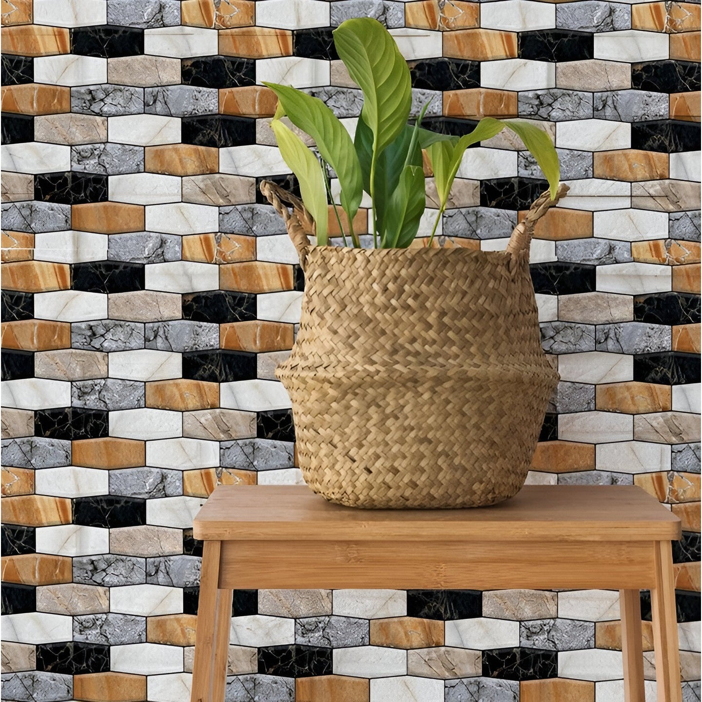 Set 10 x Placi Tapet Autocolant 3D cu Imitatie de Marmura Asimetrica,  pentru Perete Bucatarie Sufragerie, Usor de Curatat, Rezistent la Apa, Autoadeziv, 30x30 cm, Maro Gri Negru