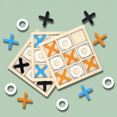 Jucarie Montessori Tic Tac Toe, Flippy, Educativa, Interactiva, din lemn, X si O, 9 Piese, 14.3x14.3 cm, Negru Alb