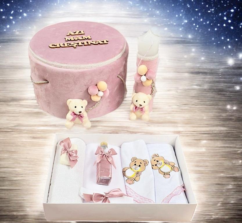 Trusou botez si lumanare Pinky Bear