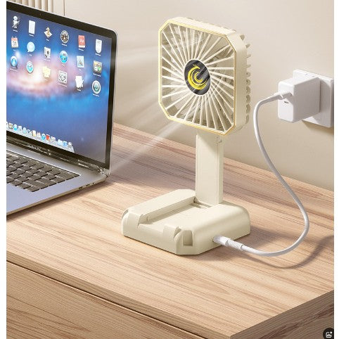 Ventilator Portabil, Flippy, de Gat, de Birou, Suport Telefon, 14 x 7 cm, Incarcare USB, din ABS, 3 Viteze, Bej