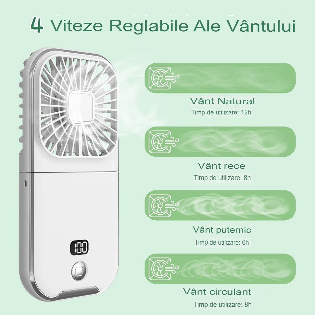 Ventilator Portabil Flippy, 3 in 1, de Mana, de Gat, de Birou, 16.7 x 8 x 1.9 cm, 3 Trepte de Viteza, Incarcare USB, Pliabil, Afisaj Digital, Suport Telefon, Alb