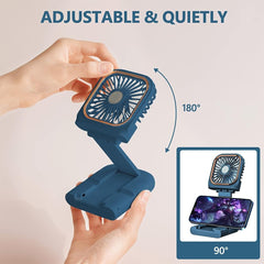 Ventilator Portabil Flippy, 3 in 1, de Mana, de Gat, de Birou, 16.7 x 8 x 1.9 cm, 3 Trepte de Viteza, Incarcare USB, Pliabil, Afisaj Digital, Suport Telefon, Albastru